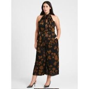 Banana Republic Halter Tie Neck Cropped Brown & Black Floral Jumpsuit, size 14